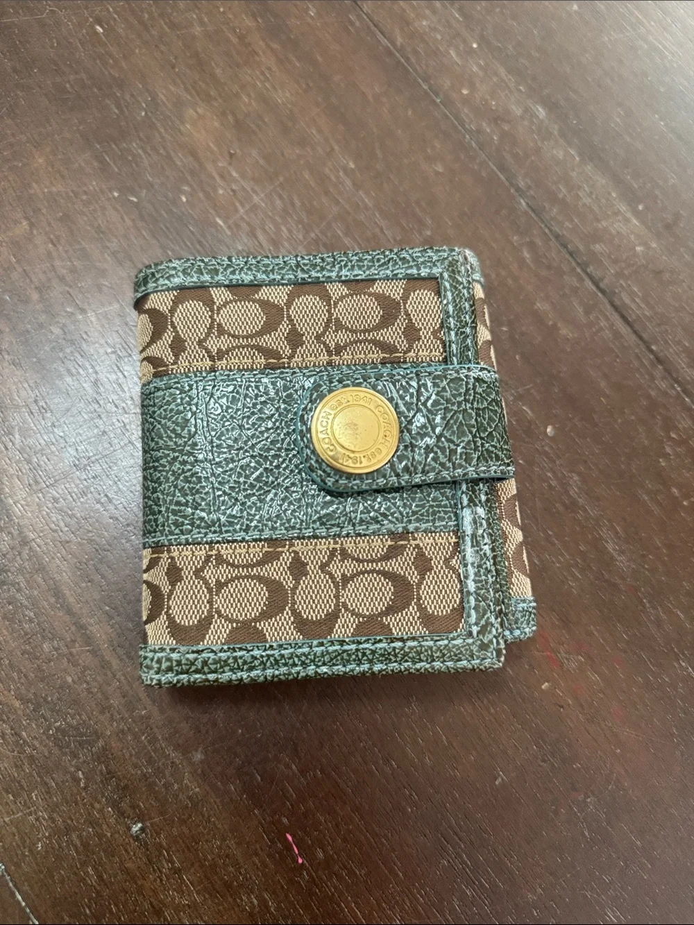 Coach Brown Signature Canvas Trifold Wallet with teal Leather Trim
